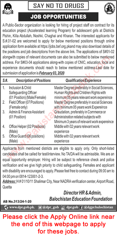 Balochistan Education Foundation Jobs 2020 January Apply Online Field Officers & Others Latest