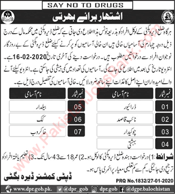 Deputy Commissioner Office Dera Bugti Jobs 2020 January Driver, Naib Qasid, Chowkidar & Others Latest