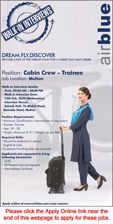 Airhostess Jobs in Air Blue 2020 February Apply Online Female Cabin Crew Trainee Walk in Interviews Latest