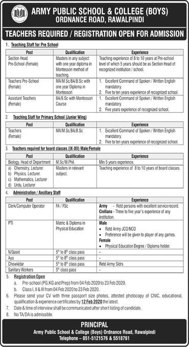 Army Public School and College Rawalpindi Jobs 2020 February Teaching Faculty & Others Latest