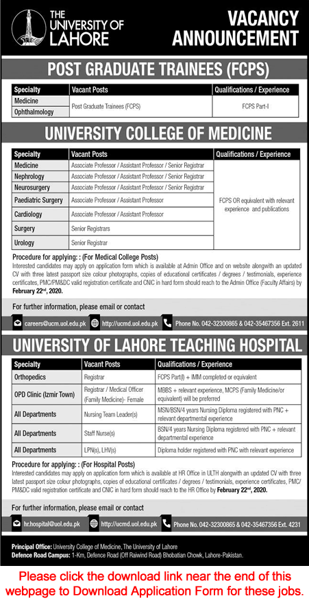 University of Lahore Jobs February 2020 Application Form UOL Teaching Faculty & Others Latest