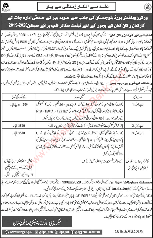 Workers Welfare Fund Talent Scholarships 2019-2020 Balochistan Workers Welfare Board Latest