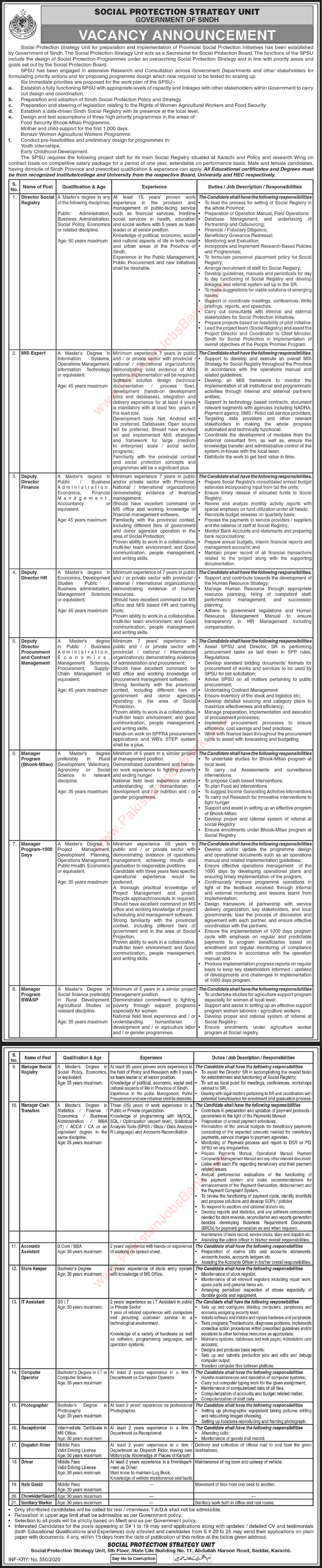 Social Protection Strategy Unit Sindh Jobs 2020 February Deputy Directors, Managers & Others Latest