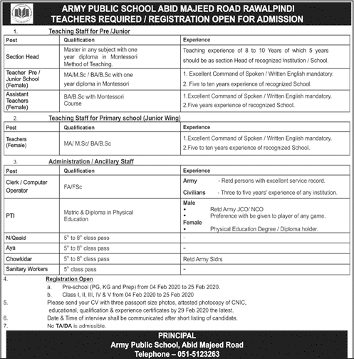 Army Public School Rawalpindi Jobs 2020 February Teachers & Others APS Latest