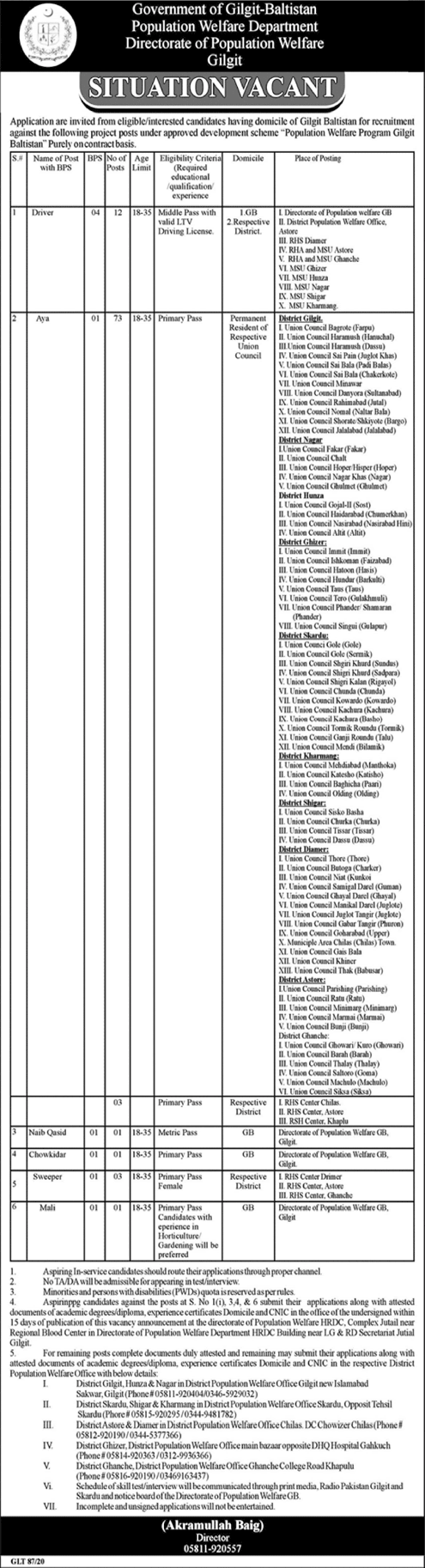 Population Welfare Department Gilgit Baltistan Jobs 2020 March Aya, Drivers & Others Latest