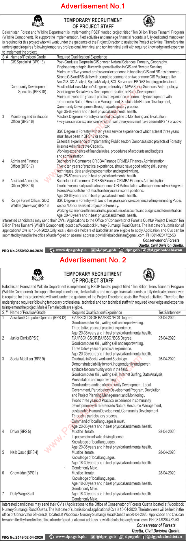 Forest and Wildlife Department Balochistan Jobs April 2020 Clerks, Drivers & Other Latest