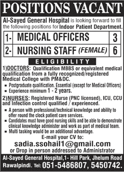 Al Sayed General Hospital Rawalpindi Jobs 2020 April Nurses & Medical Officers Latest