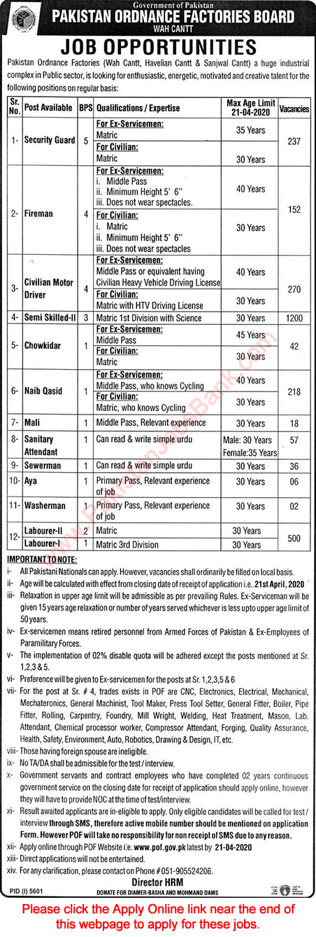 Pakistan Ordnance Factories Jobs 2020 April Online Application Form POF Latest