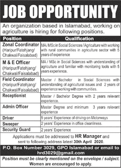 PO Box 3029 GPO Islamabad Jobs 2020 April M&E Officers, Field Coordinators & Others Latest