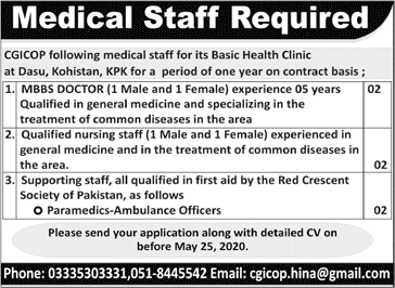 CGICOP KPK Jobs 2020 April Nurses, Doctors & Paramedics Ambulance Officers Kohistan / Dasu Latest