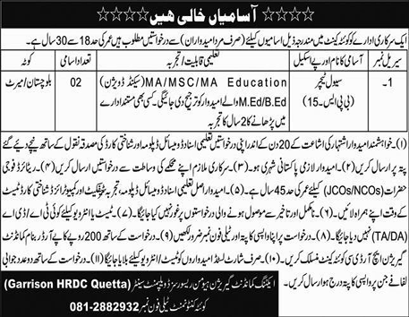 Teaching Jobs in Quetta May 2020 at Garrison Human Resource Development Center Latest