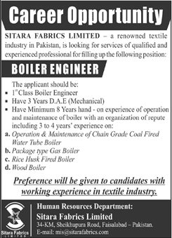Boiler Engineer Jobs in Sitara Fabrics Limited Faisalabad 2020 May Latest