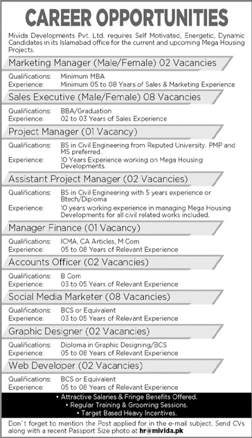 Mivida Developments Pvt Ltd Islamabad Jobs 2020 May Sales Executives & Others Latest
