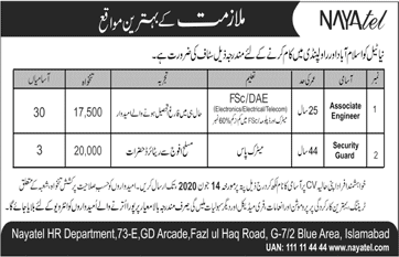 Nayatel Islamabad / Rawalpindi Jobs May 2020 June Associate Engineers & Security Guards Latest