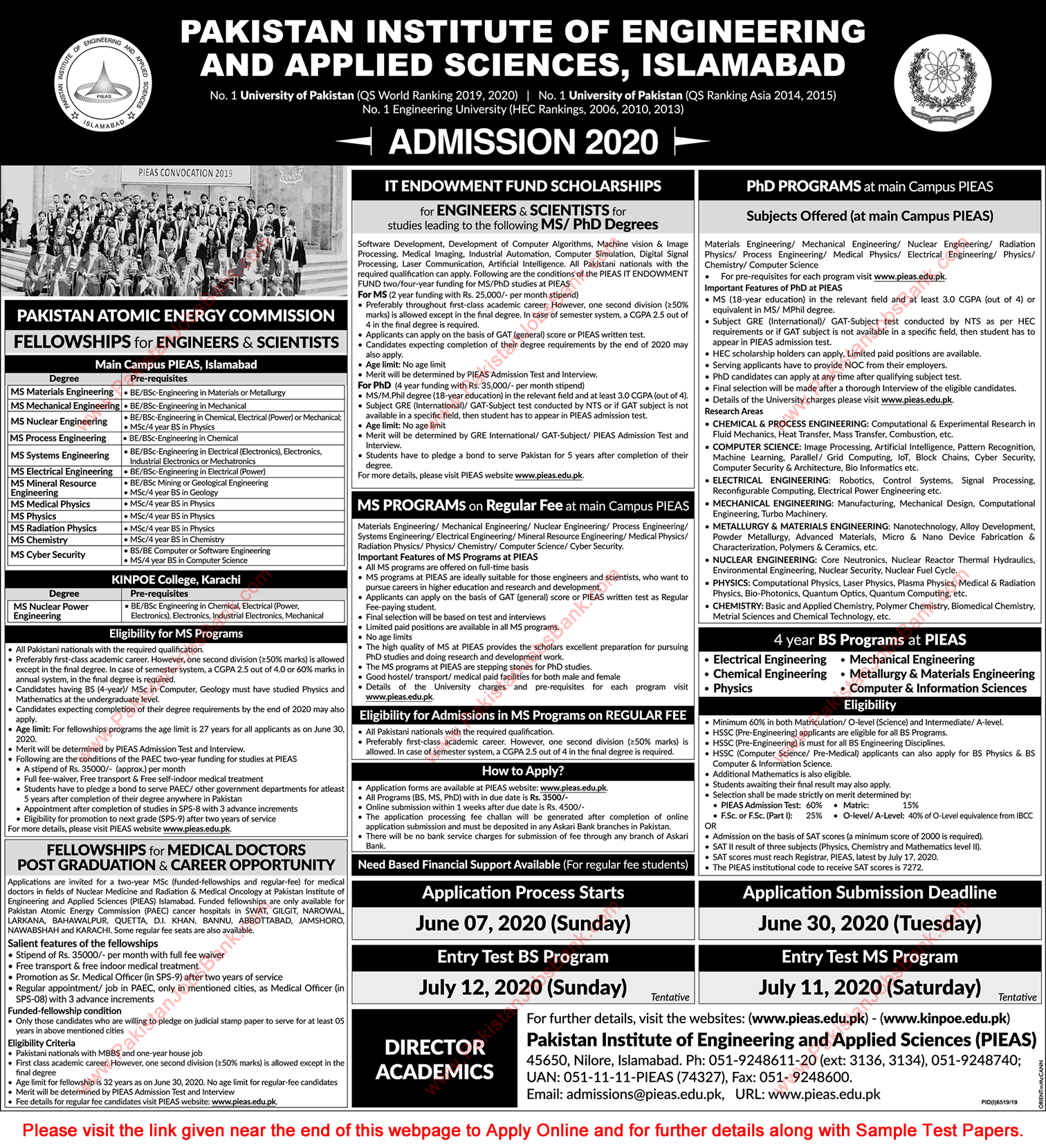 PAEC Fellowships 2020 Postgraduate / MS Programs at PIEAS & KINPOE Online Application Form Latest