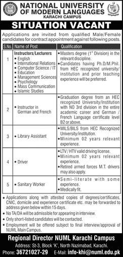 NUML University Karachi Jobs 2020 June National University Of Modern Languages Latest