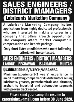 Sales Engineer / District Manager Jobs in Pakistan 2020 June Lubricant Marketing Company Latest