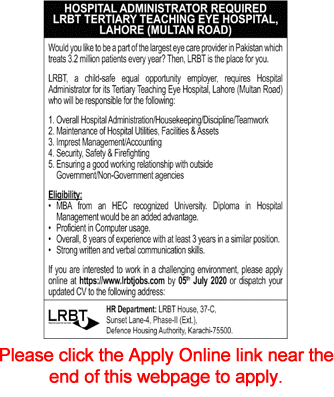 Hospital Administrator Jobs in LRBT Tertiary Teaching Eye Hospital Lahore 2020 June Apply Online Latest