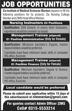 Zia Institute of Medical Sciences Mardan Jobs 2020 June Nursing Instructors & Management Trainees Latest