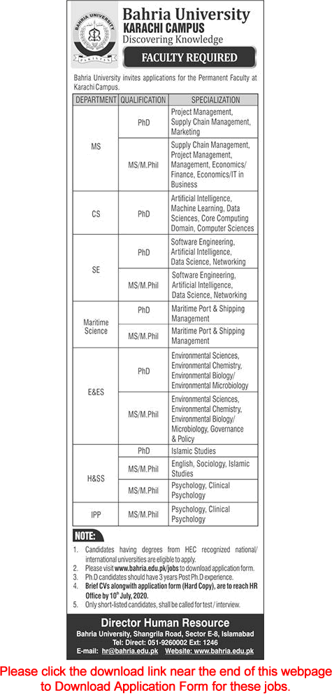 Teaching Faculty Jobs in Bahria University Karachi 2020 June / July Application Form Download Latest