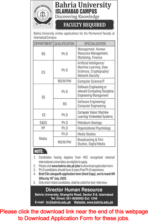 Teaching Faculty Jobs in Bahria University Islamabad Campus 2020 June / July Application Form Download Latest