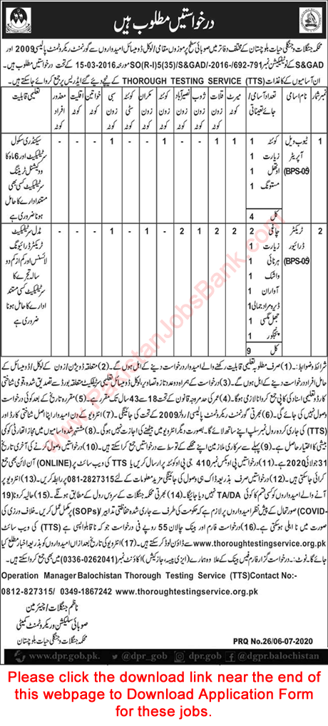 Forest and Wildlife Department Balochistan Jobs 2020 July TTS Application Form Tractor Driver & Tubewell Operator Latest