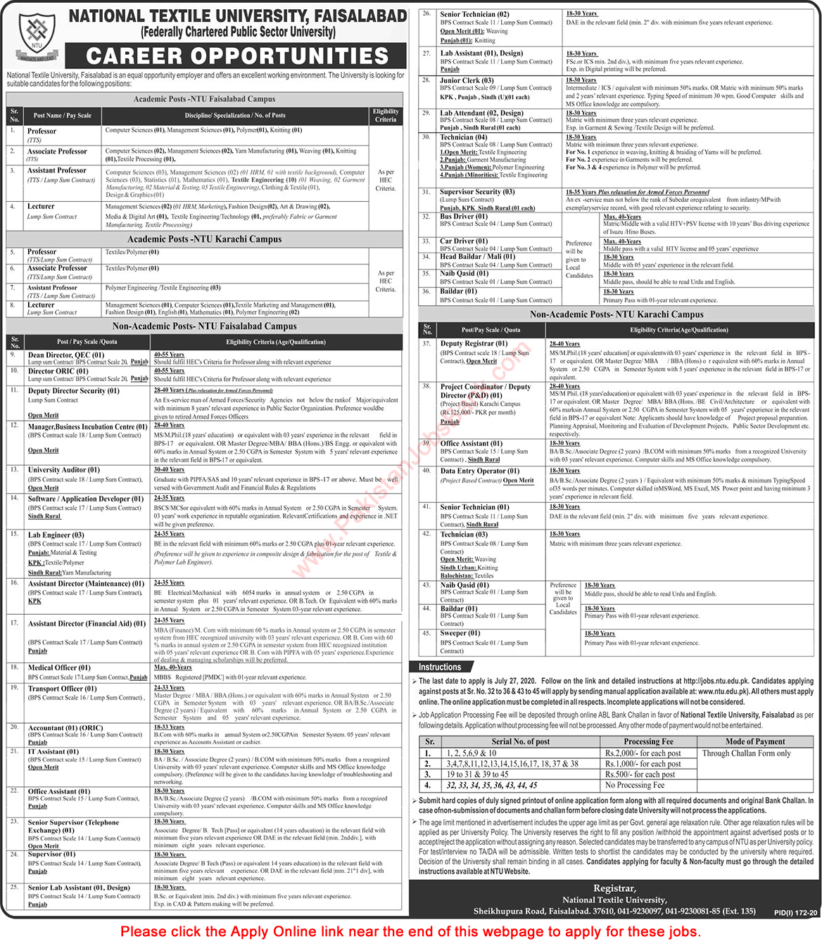 National Textile University Jobs 2020 July Apply Online Teaching Faculty & Others NTU Faisalabad / Karachi Campus Latest