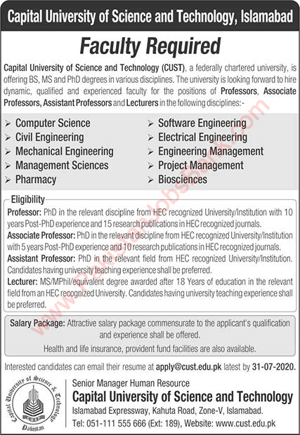 Capital University of Science and Technology Islamabad Jobs 2020 July CUST Teaching Faculty Latest
