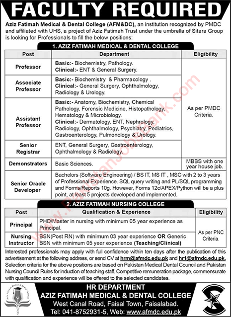 Aziz Fatimah Medical and Dental College Faisalabad Jobs July 2020 Teaching Faculty & Others AFMDC Latest