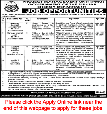 Energy Department Punjab Jobs July 2020 Apply Online PMU Latest