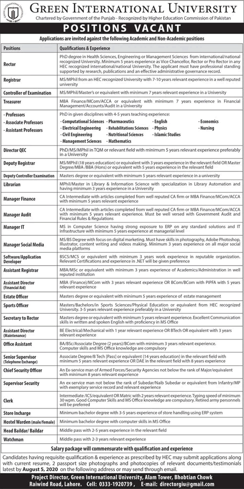 Green International University Lahore Jobs 2020 July Teaching Faculty & Others Latest