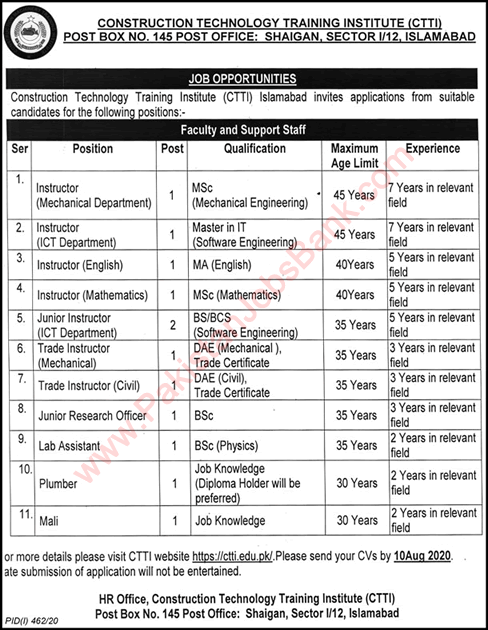CTTI Islamabad Jobs 2020 July / August Construction Technology Training Institute Instructors & Others Latest