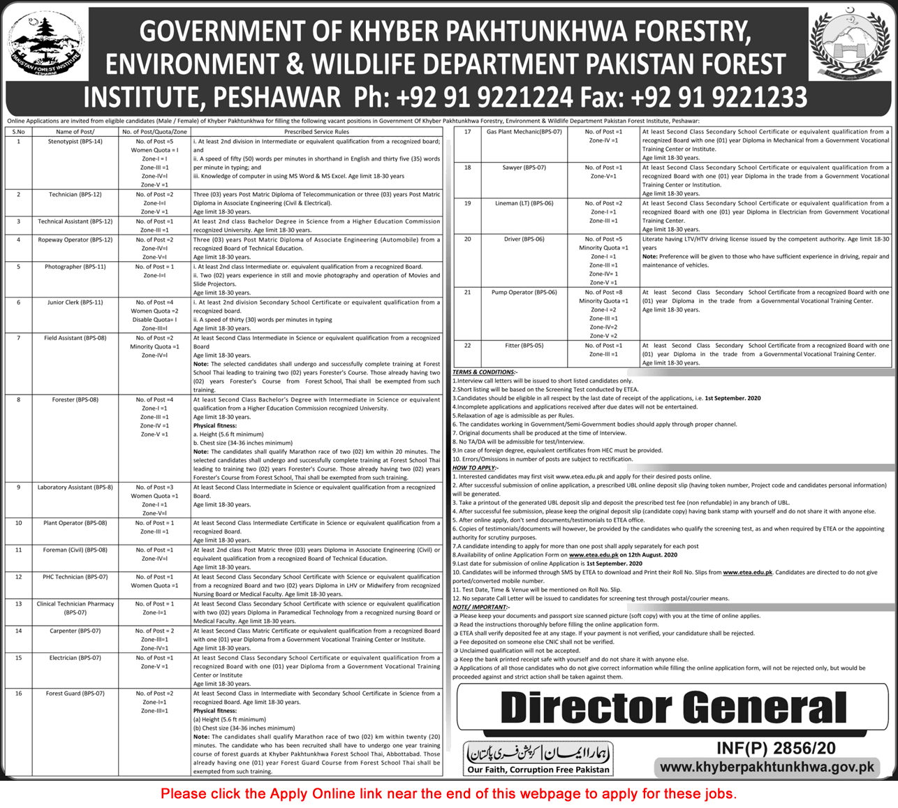 Forestry Environment and Wildlife Department KPK Jobs 2020 August ETEA Apply Online Pakistan Forest Institute Peshawar Latest