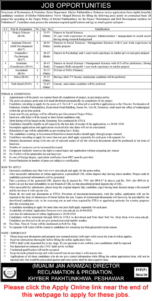 Home Department KPK Jobs August 2020 ETEA Apply Online Directorate of Reclamation and Probation Latest
