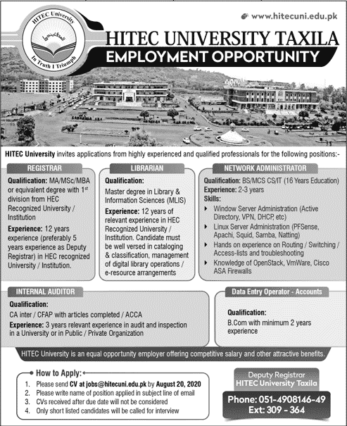 HITEC University Taxila Jobs August 2020 Network Administrator, Data Entry Operator & Others Latest