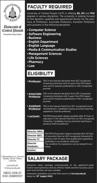 University of Central Punjab Lahore Jobs August 2020 UCP Teaching Faculty & Directors Latest