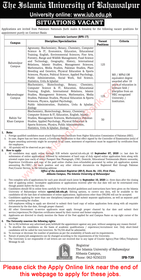 Associate Lecturer Jobs in Islamia University of Bahawalpur August 2020 IUB Apply Online Latest