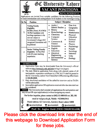 GC University Lahore Jobs August 2020 GCU Application Form Visiting Teaching Faculty Latest
