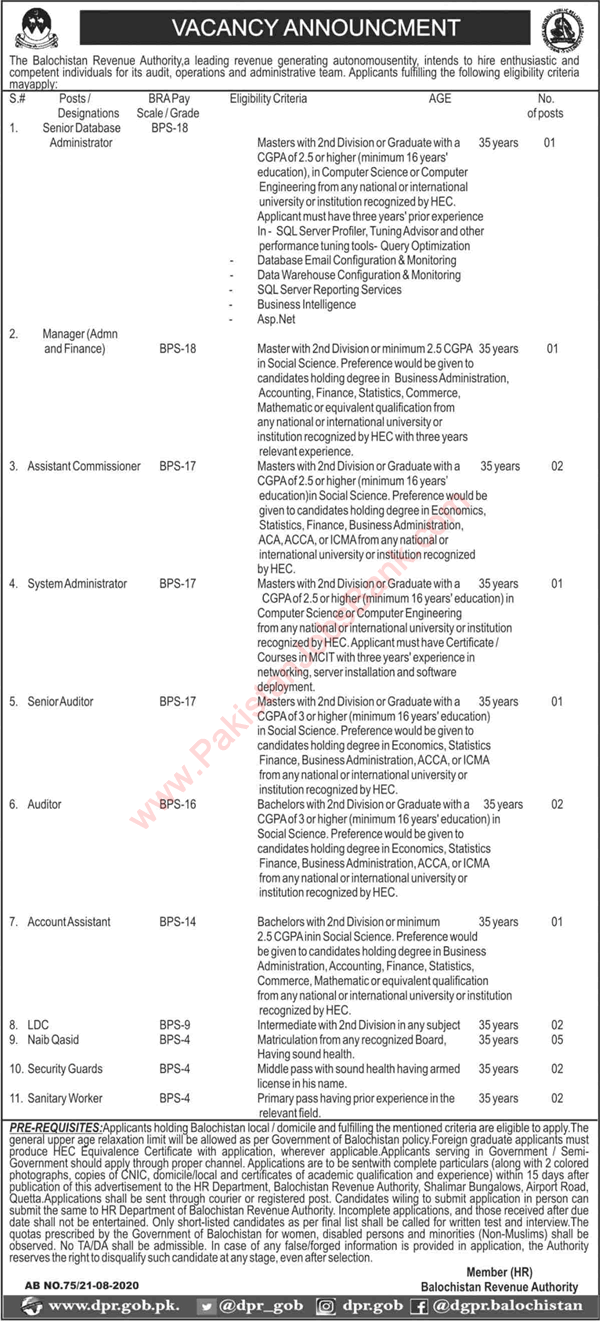 Balochistan Revenue Authority Jobs 2020 August / September Quetta Latest