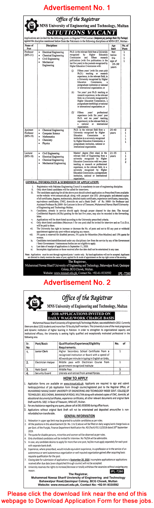 MNS UET Multan Jobs August 2020 Muhammad Nawaz Sharif University of Engineering and Technology Latest