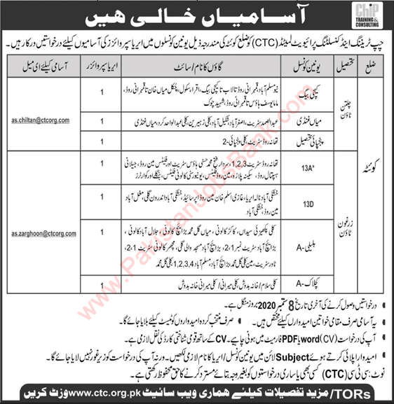 Area Supervisor Jobs in Chip Training and Consulting Quetta 2020 September CTC Latest
