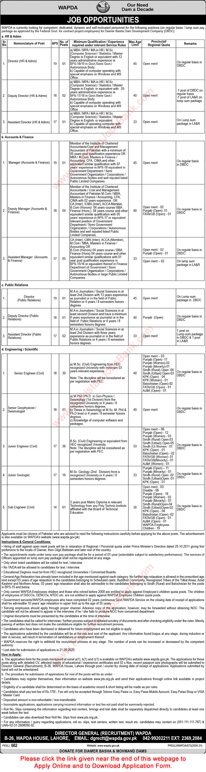 WAPDA Jobs September 2020 Application Form Sub / Civil Engineers & Others Diamer Basha Dam Development Company Latest