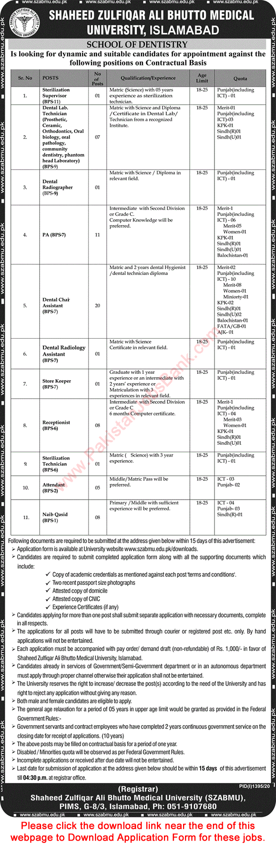 Shaheed Zulfiqar Ali Bhutto Medical University Islamabad Jobs 2020 September SZABMU Application Form PIMS School of Dentistry Latest