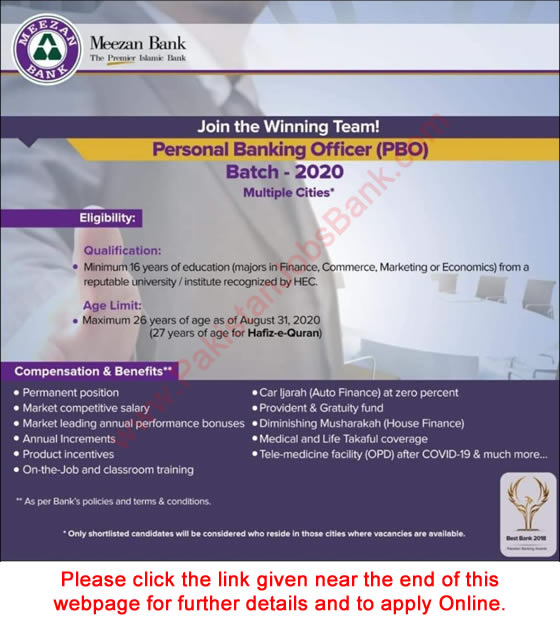 Personal Banking Officer Jobs in Meezan Bank 2020 September Apply Online PBO Latest