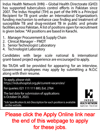 Indus Hospital Karachi Jobs September 2020 Apply Online Lab Technologists & Others Latest