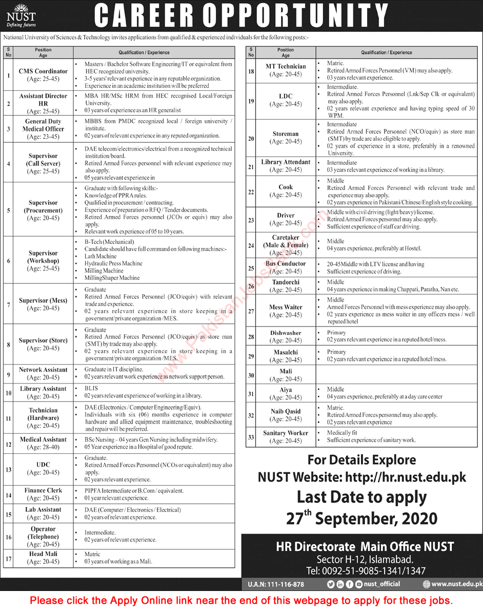 NUST University Jobs September 2020 Quetta Balochistan Campus Online Apply Latest