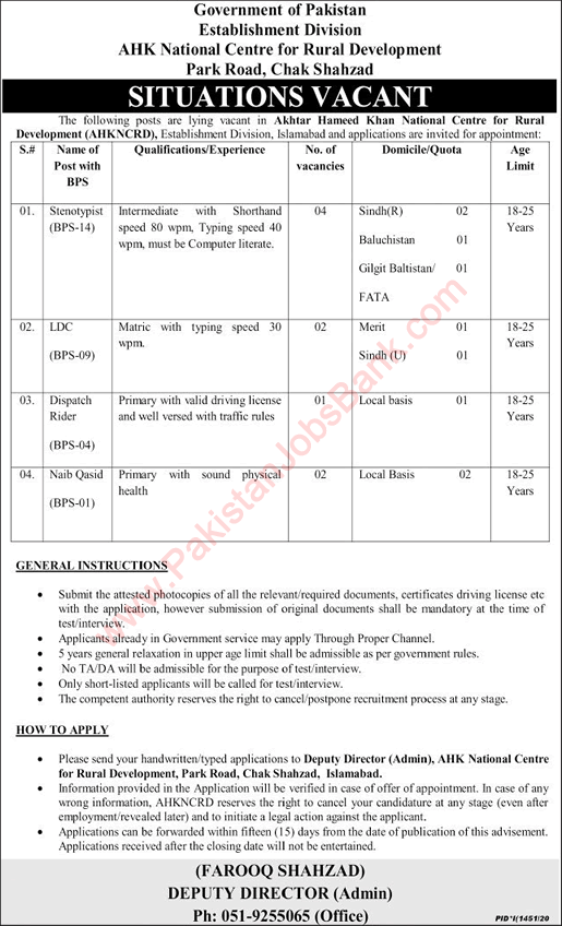 AHK National Centre for Rural Development Islamabad Jobs 2020 September AHKNCRD Establishment Division Latest