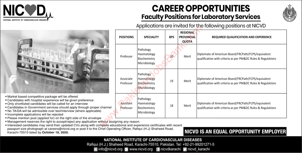 NICVD Jobs September 2020 Karachi Teaching Faculty National Institute of Cardiovascular Diseases Latest