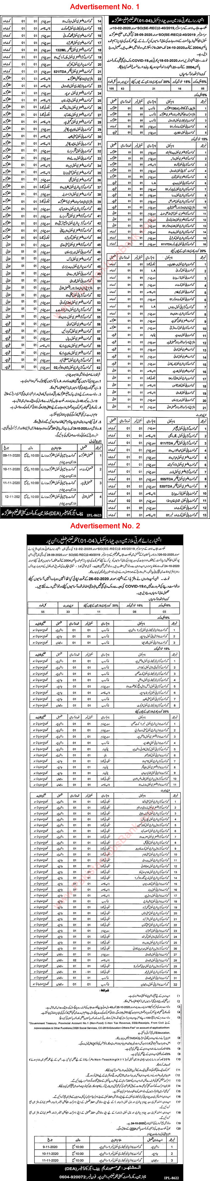 Education Department Muzaffargarh / Rajanpur Jobs October 2020 Darja Chaharam, Security Guards & Others Latest