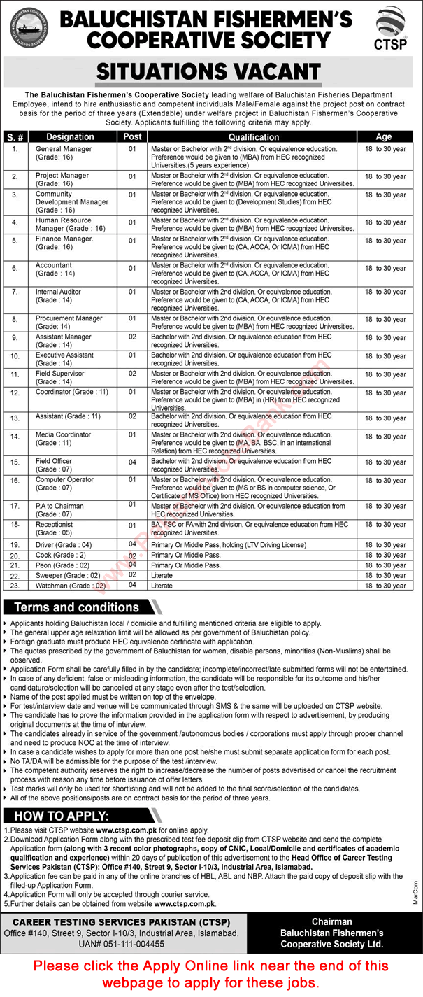 Balochistan Fishermen Cooperative Society Jobs 2020 October CTSP Online Application Form Latest